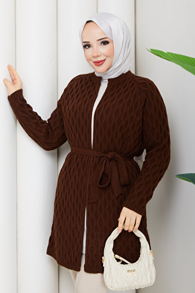 Pamuk Butik Women's Tok Straw Knitted Belted Knitwear Cardigan