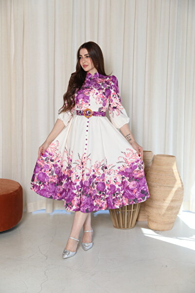 BRATO Floral midi dress with long sleeves and a belt