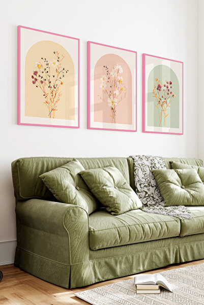 kutuTR Pembe Renkli Ahşap Çerçeveli 2DUV Baskı 3’lü MDF Tablo–Minimal Çiçek D...