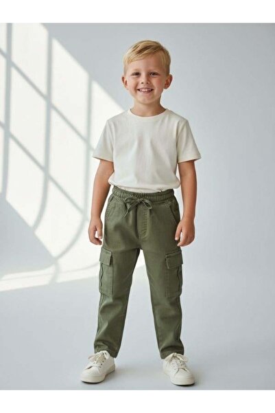 Zekids Boys' Cotton Elastic Waist Cargo Pocket Pack Soft Textured Trousers