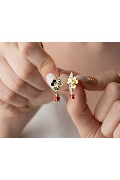 İstanbul Takı 925 Ayar Uğur Böcekli Yonca Küpe.rose.gold.rodaj