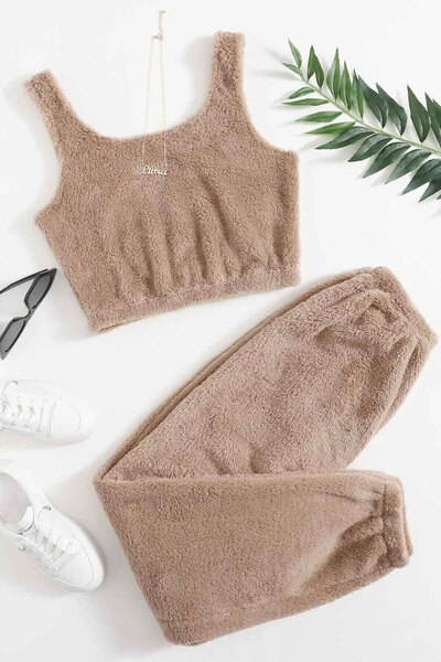 STILAND Peluş Takım Kolsuz Askılı Peluş Polar Alt Üst Şortlu Pijama Takımı