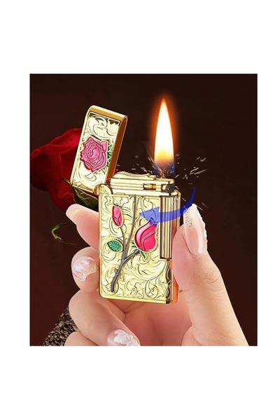 Mihristore Gül Tasarımlı Yan Sürgülü Çakmak Gold Çakmak Hediyelik Çakmak