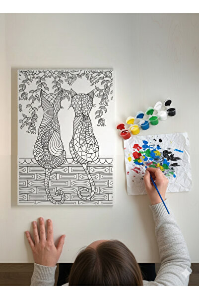 dudugift 25x35 Resimli Tuval Boyama Seti- Çift Kedi-6 renk akrilik boya ve 2 ...