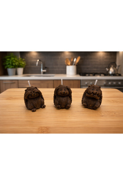 Semora candle 3’lü Sevimli Hayvan Figürlü Dekoratif El yapımı Mum Seti - kahv...