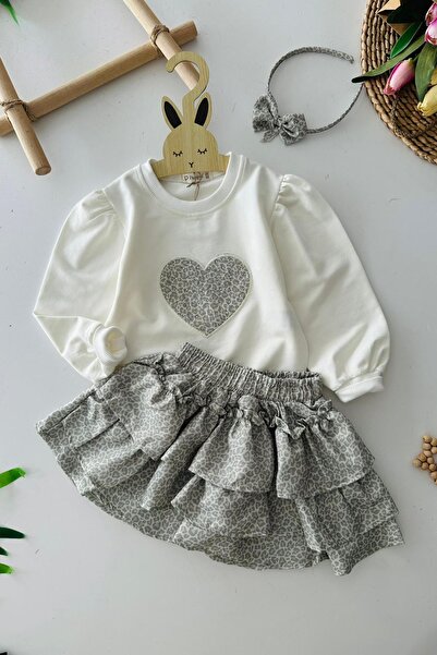 Minigimin Cicileri My Little One's Heart Patterned Girl's Set with Leopard Sk...