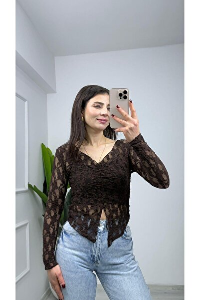 TUNAM BUTİK 6919 Gathered Chest Lace Blouse Brown