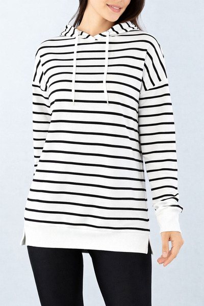 Parille Hanorac cu glugă, alb, cu dungi negre, foarte moale, extra oversize.