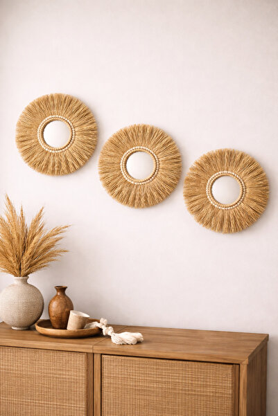 Gunwood Dekoratif Üçlü Bohem Ayna Seti Rafya Ayna Hasır Duvar Süsü Dekoratif ...