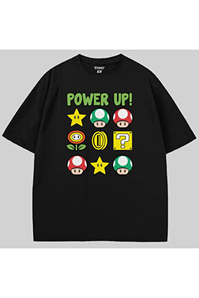 Crazy تي شيرت سوبر ماريو باور أب أيقونة قصة فضفاضة