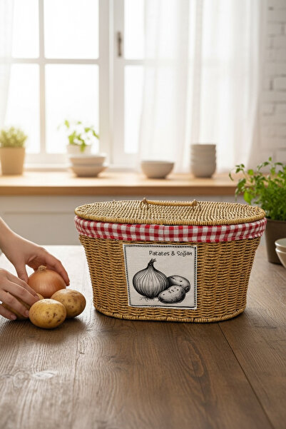 zezedesing Dekoratif Hasır Örme Patates Soğan Sepeti İki Bölmeli - Kırmızı Pö...