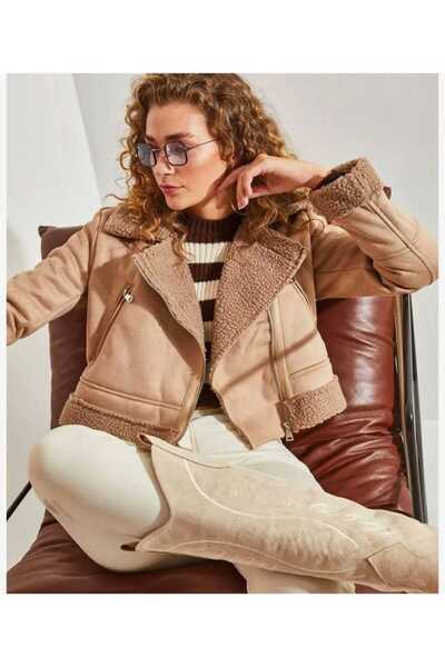 İmaj Kruvaze Yaka Uzun Kollu Fermuarlı Cepli Suni Kürk Yaka Crop Suni Süet Ceket