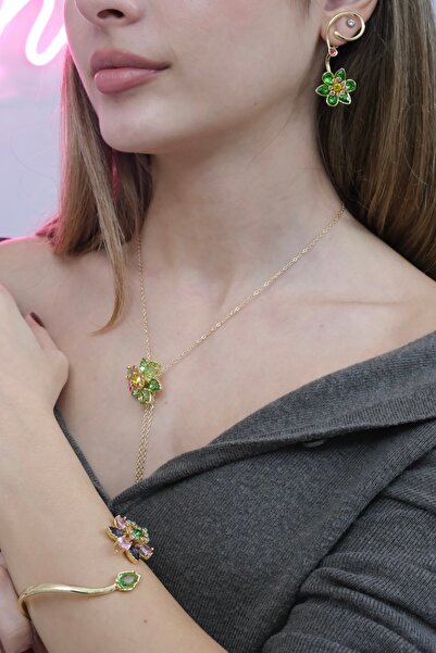 YENGEÇ Çiçek Model Kolye , Küpe Ve Bileklik Set