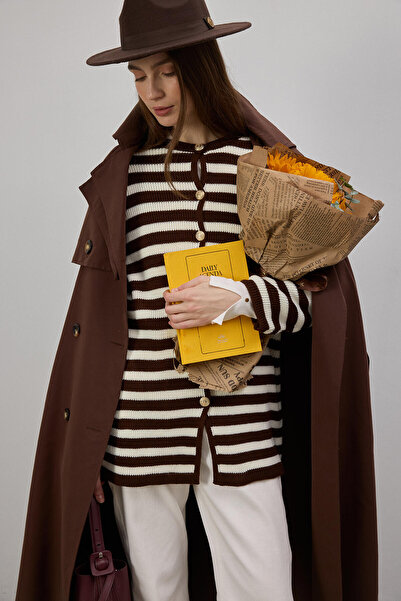 Touché Privé Gold Buttoned Striped Long Cardigan