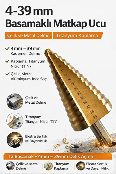 SENBANG 4–39 mm Basamaklı Matkap Ucu | Titanyum Kaplama | Çelik & Metal Delme...