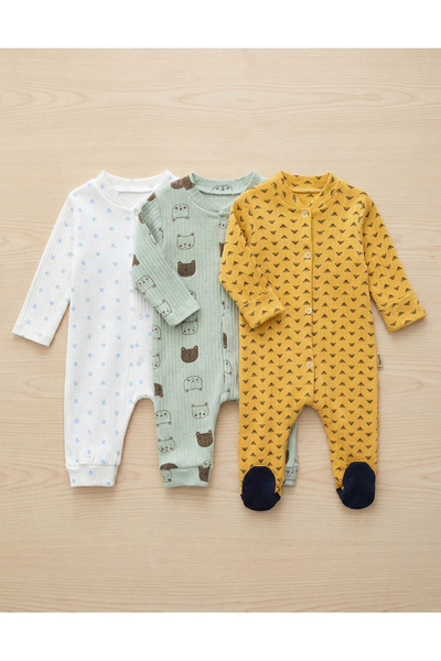 Noone Set of 3, 100% Cotton, Corded Fabric Baby Rompers - Long Sleeve Footed ...