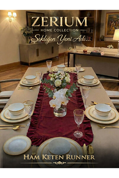 ZERİUM Doğal Görünüm Özel Tasarım Fırfırlı Keten Runner Burgundy Gala Series ...
