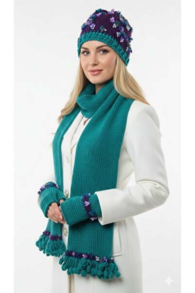 drt tasarım Embroidered Wool Long Gloves Dark Green Brown Scarf Beanie Gloves...