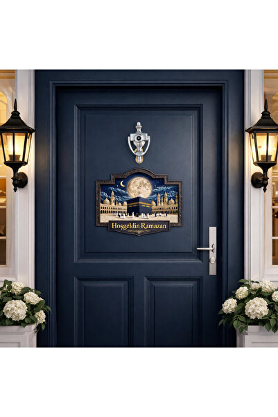 OKAVANGO 28-23 cm Ramazan Süsleri Hoş geldin Ramazan Dekorlu Ahşap Kapı Süsü