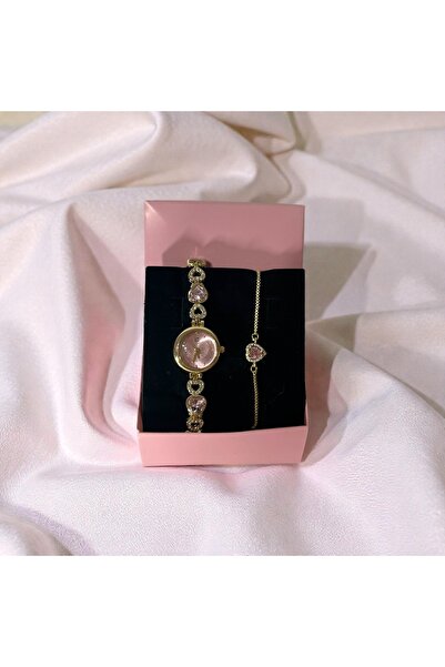 LANURE CO. Vintage Kalp Detaylı Pembe Kadranlı Gold Kadın Kol Saati & Zirkon ...