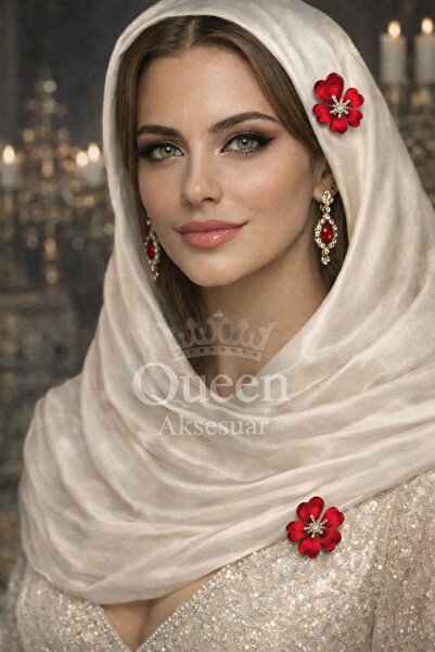 QUEEN AKSESUAR lüks zarif mat saten kırmızı kristal taşlı kalp yapraklı çiçek...