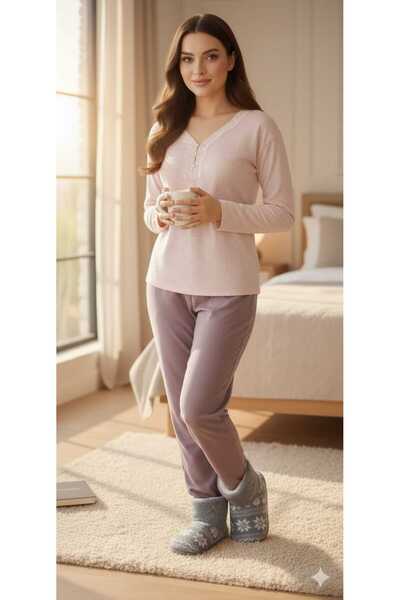 MODA Σετ πιτζάμες από βαμβάκι με λαιμόκοψη V και κουμπιά, σε χρώμα ροζ εκρού ...