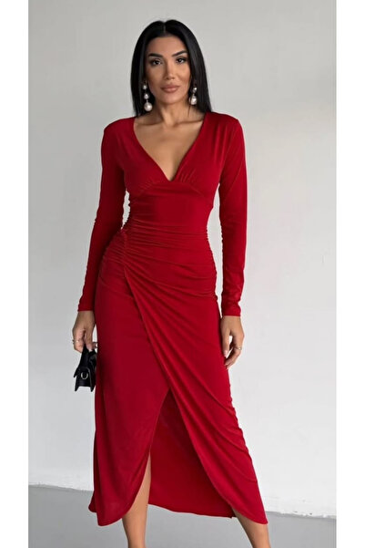 shop Kadın Kırmızı Uzun Kollu V Yaka Yırtmaçlı Drapeli Elbise | Şık ve Zarif ...