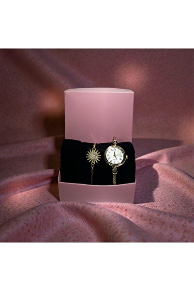 LANURE CO. Vintage Güneş Figürlü Altın Rengi Kadın Kol Saati & Zirkon Taşlı B...