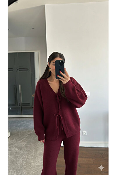 Vaveyla Set de tricotaje moale, cardigan cu cravată în față, pantaloni cu tal...