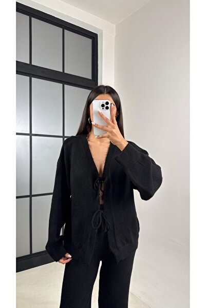 Vaveyla Black Tie-Front Cardigan Elastic Waist Pants Soft Knitwear Set