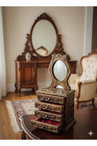 PİRAMİGO El Yapımı Ceviz Oyma Mücevher Kutusu ve Aynası Çekmeceli