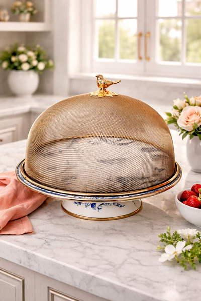 EBRULİEMAYE Blue Blanc Enamel Cake Stand with Large Steel Mesh Fan