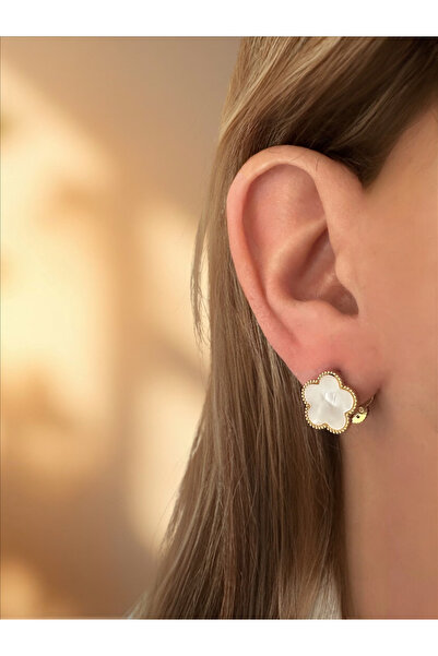 QA Quella Accessories ÇELİK MARKA MODEL ZİRKON- ÇİFT TARAFLI YONCA GOLD KÜPE