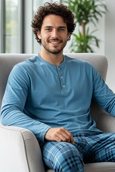 Pijamaevi Blue Stylish Men's Long Sleeve Pajama Set