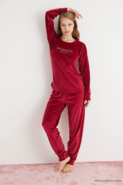 Pijamoni Fransız Kadife Bordo Pijama Takımı