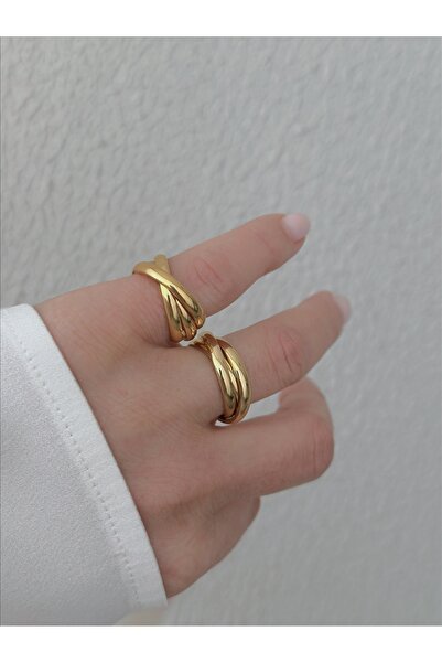 QA Quella Accessories ÇELİK İÇİÇE BİRLEŞİK İNCE ALYANS GOLD YÜZÜK - SİZE 6