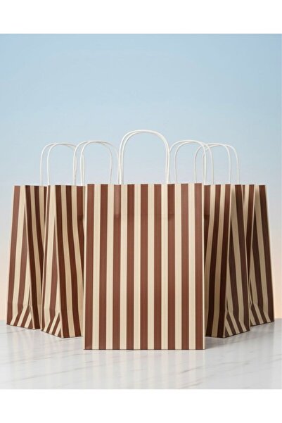 e Erta Çizgili Kahverengi Ve Krem Çizgili Kraft Çanta 25x31Cm 5 Adet Hediye Poşeti,Hediye Paketi Kraft Kağıt Çanta