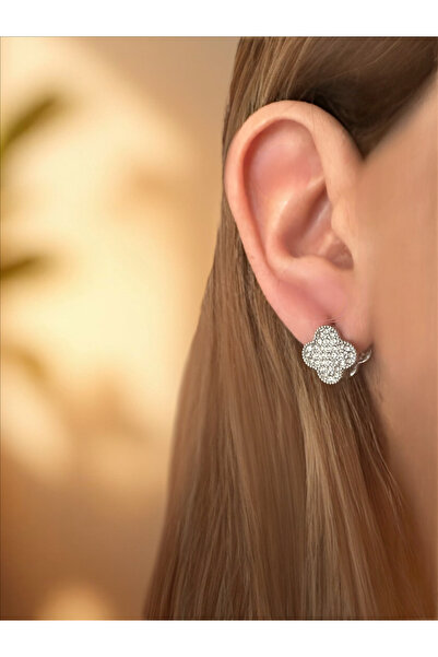 QA Quella Accessories ÇELİK MARKA MODEL ZİRKON- ÇİFT TARAFLI YONCA SİLVER KÜPE