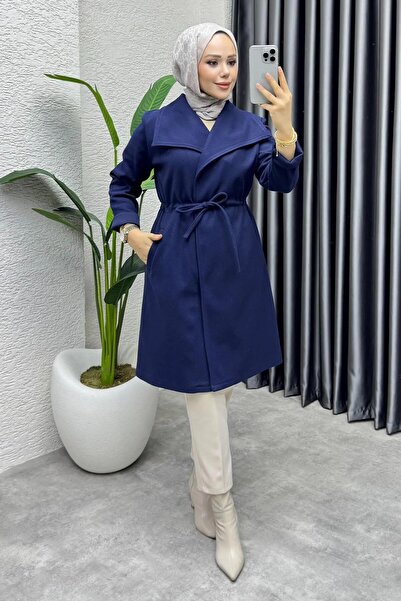 Kalemen Moda بأزرار على الجهتين معطف كاشي 1008 أزرق داكن