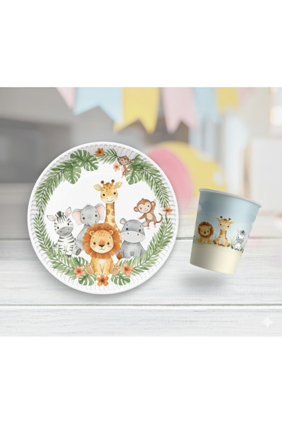 Safari Temalı Doğum Günü Parti Seti,Tabak,Bardak Seti 8Kişilik