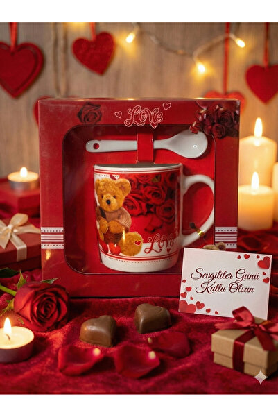 MİK Store Sevgililer Günü Hediyesi Kırmızı Ayıcıklı Seramik Kupa ve Kaşık Set...