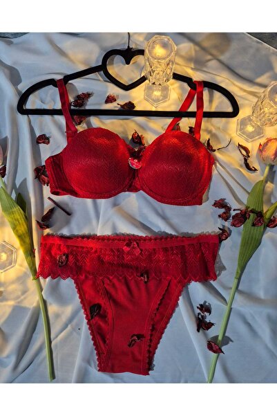 ECEM YILDIZ kırmızı straplez dantelli şık bralet sütyen takımı