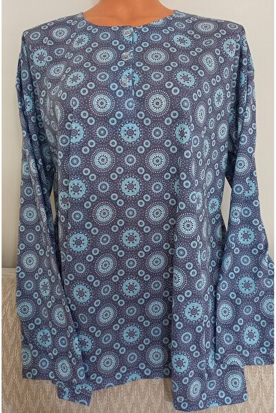 Anne Er Clothing Paper Print Combed Cotton Blouse Long Sleeve 3 Button Crew N...