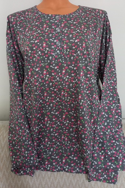 Anne Er giyim kağıt baskı penye bluz uzun kollu 3 düğmeli bisiklet yaka desenli