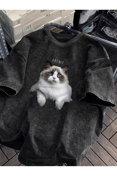Le Savu Washable Cute Cat Series Printed Unisex Oversized Vintage T-Shirt