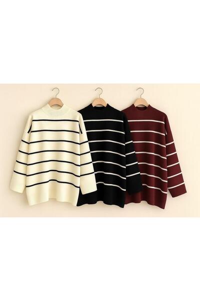 threeoff 3'li Paket Bordo Siyah beyaz çizgili Oversize Kalıp Örgü Triko Kazak