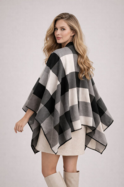 Şirin Giyim Aksesuar Poncho Open Front Women's Checkered - Shoulder Shawl Bat...