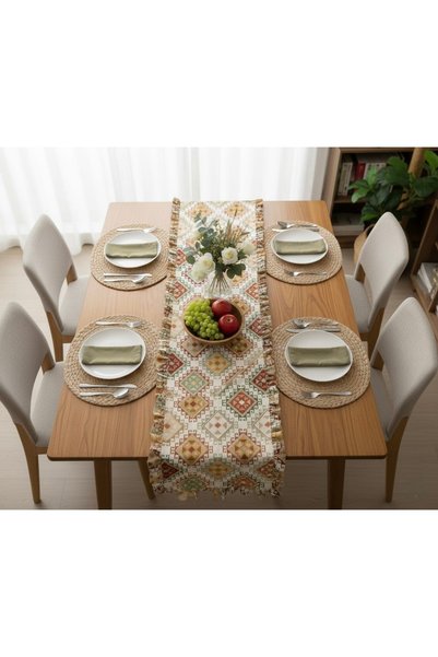 vintagetasarım napron model etnic cu volane, piele de rață maro in 40x130cm