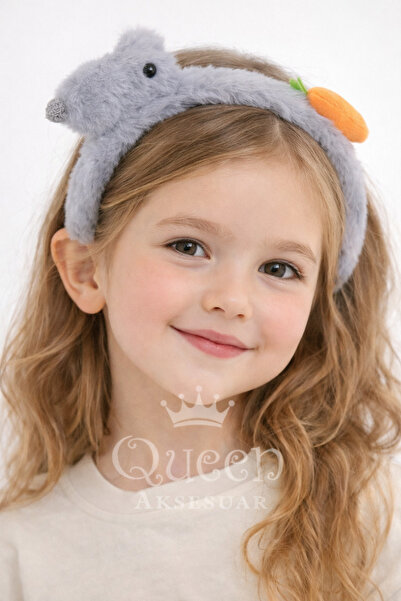 QUEEN AKSESUAR تاج أرنب لطيف من الفرو الناعم مع تاج للأطفال باللون الرمادي