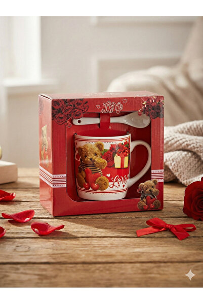 MİK Store طقم كوب وملعقة هدية بنقشة الحب باللون الأحمر (تصميم دمية دب)
